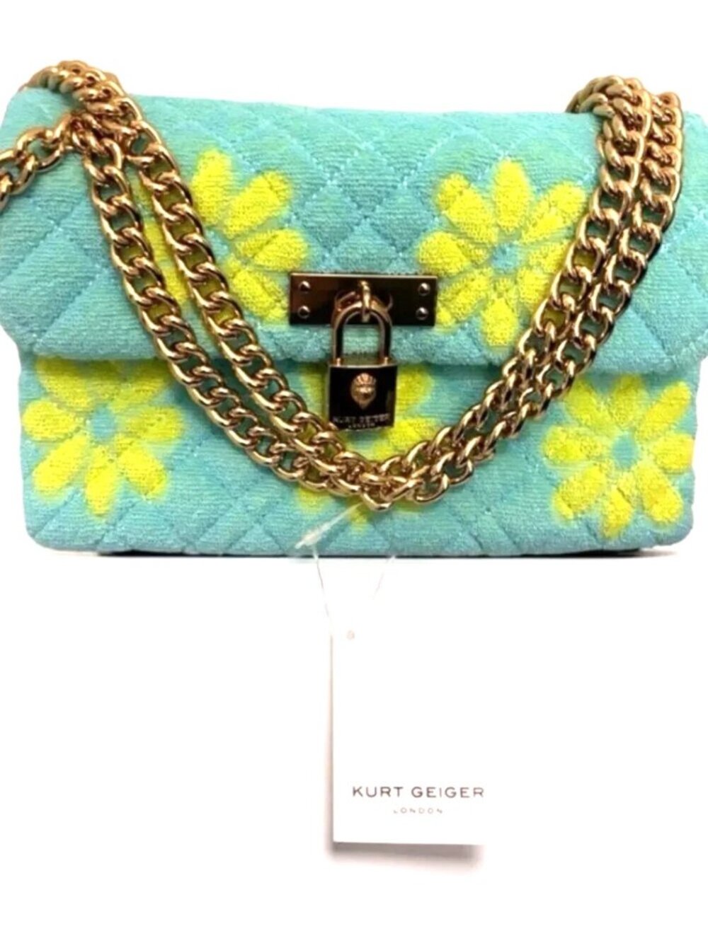 Kurt Geiger Mini Brixton Crossbody Blue & Yellow Floral Chain Strap NWT - Picture 2 of 9